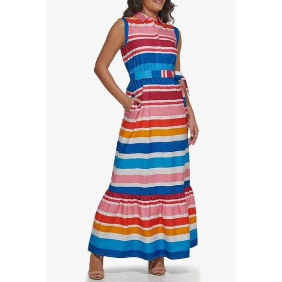 Kensie Striped Sleeveless Ruffle Hem Colorful Collared Maxi Dress Size 2 NEW - Picture 5 of 13